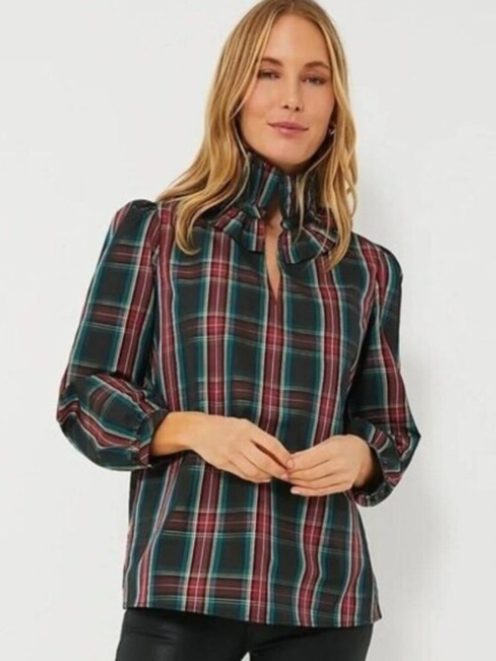 Tuckernuck Green Red Tartan Plaid Ruffle Collar Bouvier Blouse